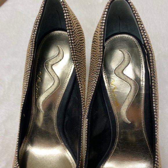 Nina Metallic Gold Studded Heels Pumps, size 7.5 - Picture 3 of 8